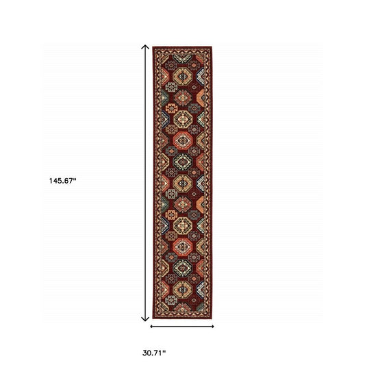 12' Red And Ivory Genuine Wool Oriental Runner Rug With Fringe