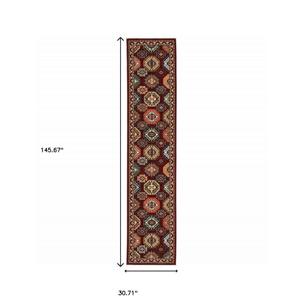 12' Red And Ivory Genuine Wool Oriental Runner Rug With Fringe