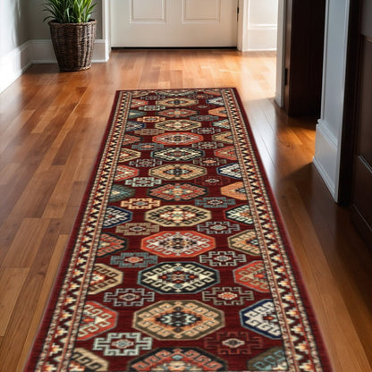 12' Red And Ivory Genuine Wool Oriental Runner Rug With Fringe