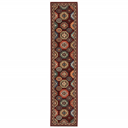 12' Red And Ivory Genuine Wool Oriental Runner Rug With Fringe