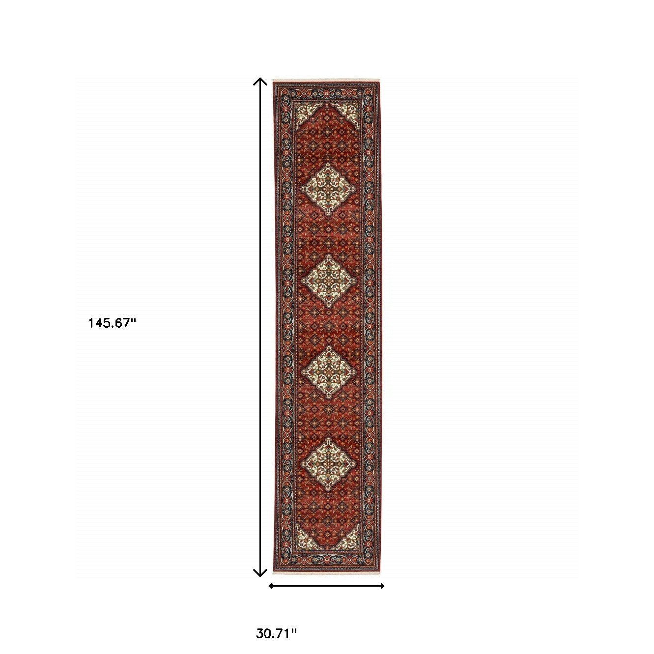 2' X 10' Blue And Red Oriental Power Loom Runner Rug With Fringe