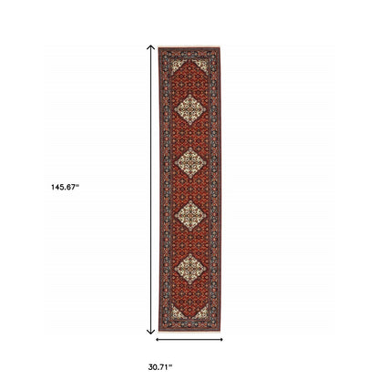 2' X 10' Blue And Red Oriental Power Loom Runner Rug With Fringe