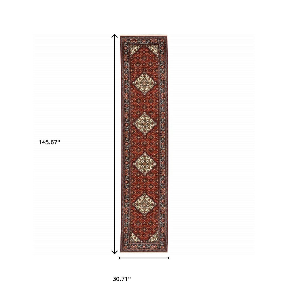12' Blue And Red Genuine Wool Oriental Runner Rug With Fringe