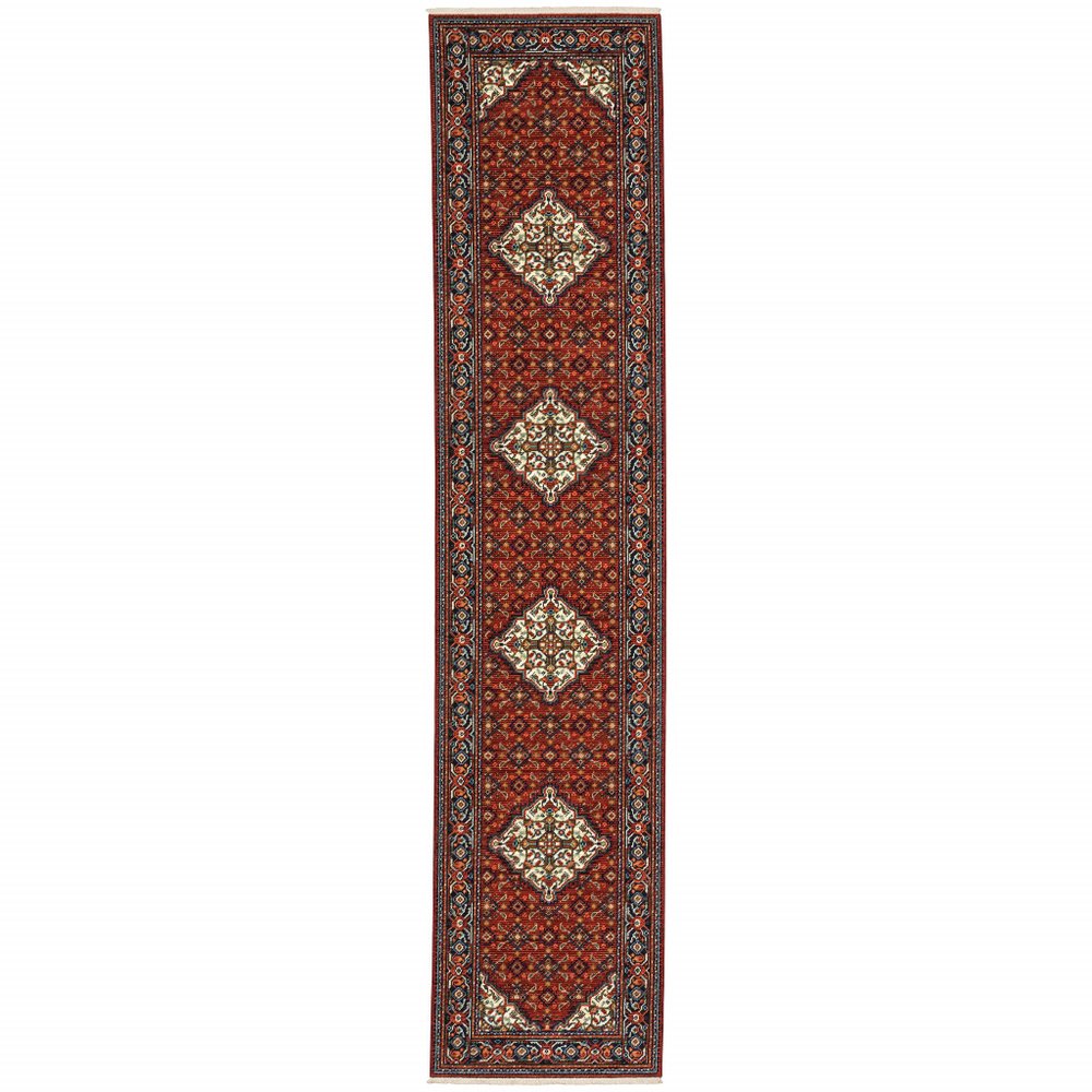 12' Blue And Red Genuine Wool Oriental Runner Rug With Fringe