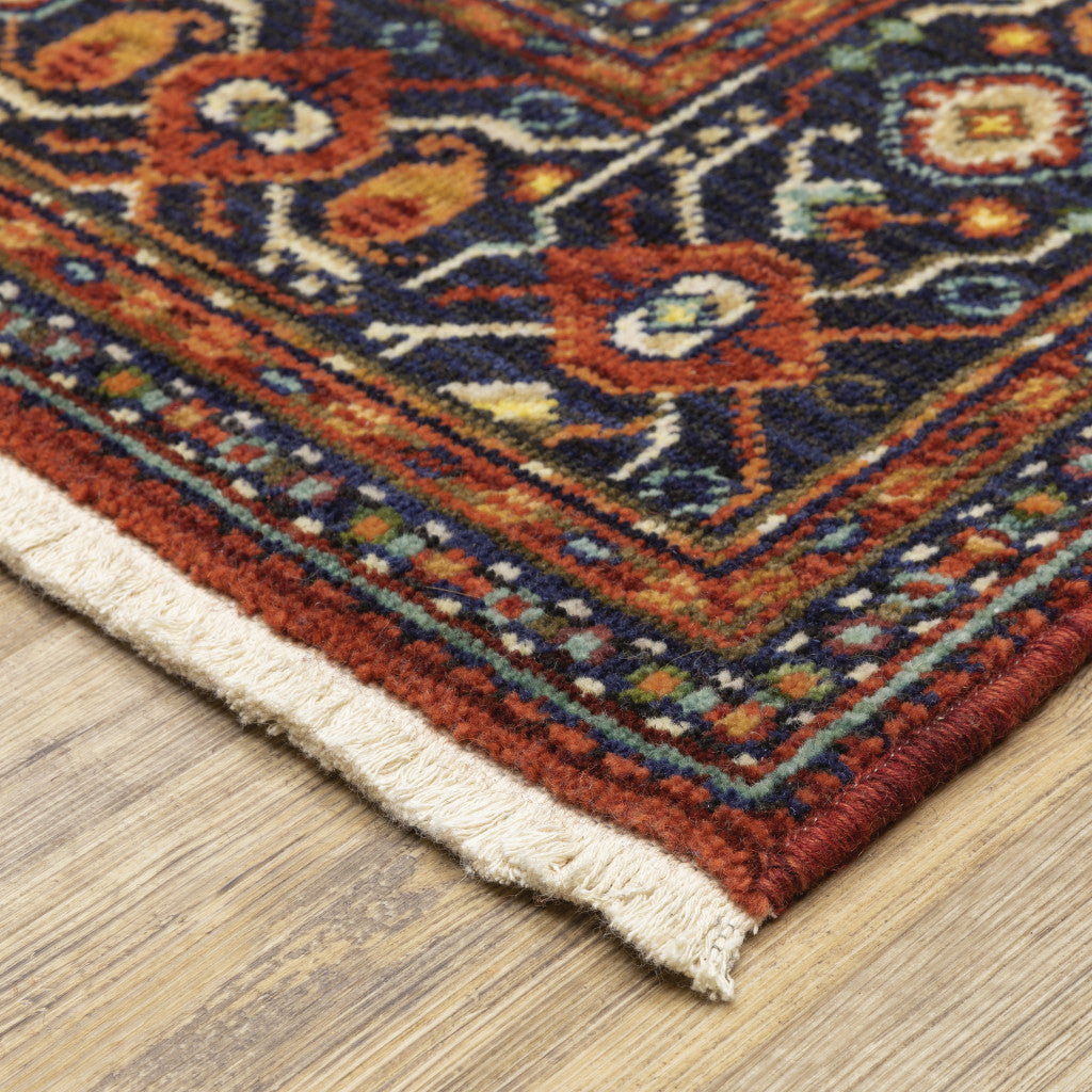 2' X 10' Blue And Red Oriental Power Loom Runner Rug With Fringe