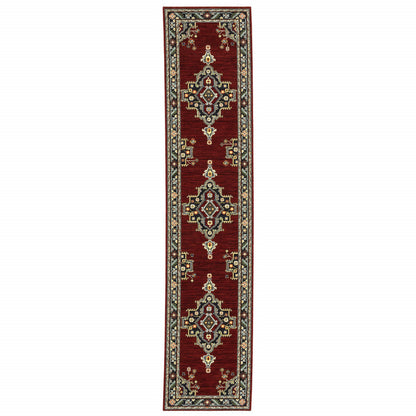 12' Red And Black Oriental Power Loom Runner Rug With Fringe