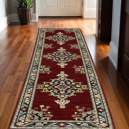 12' Red And Black Oriental Power Loom Runner Rug With Fringe