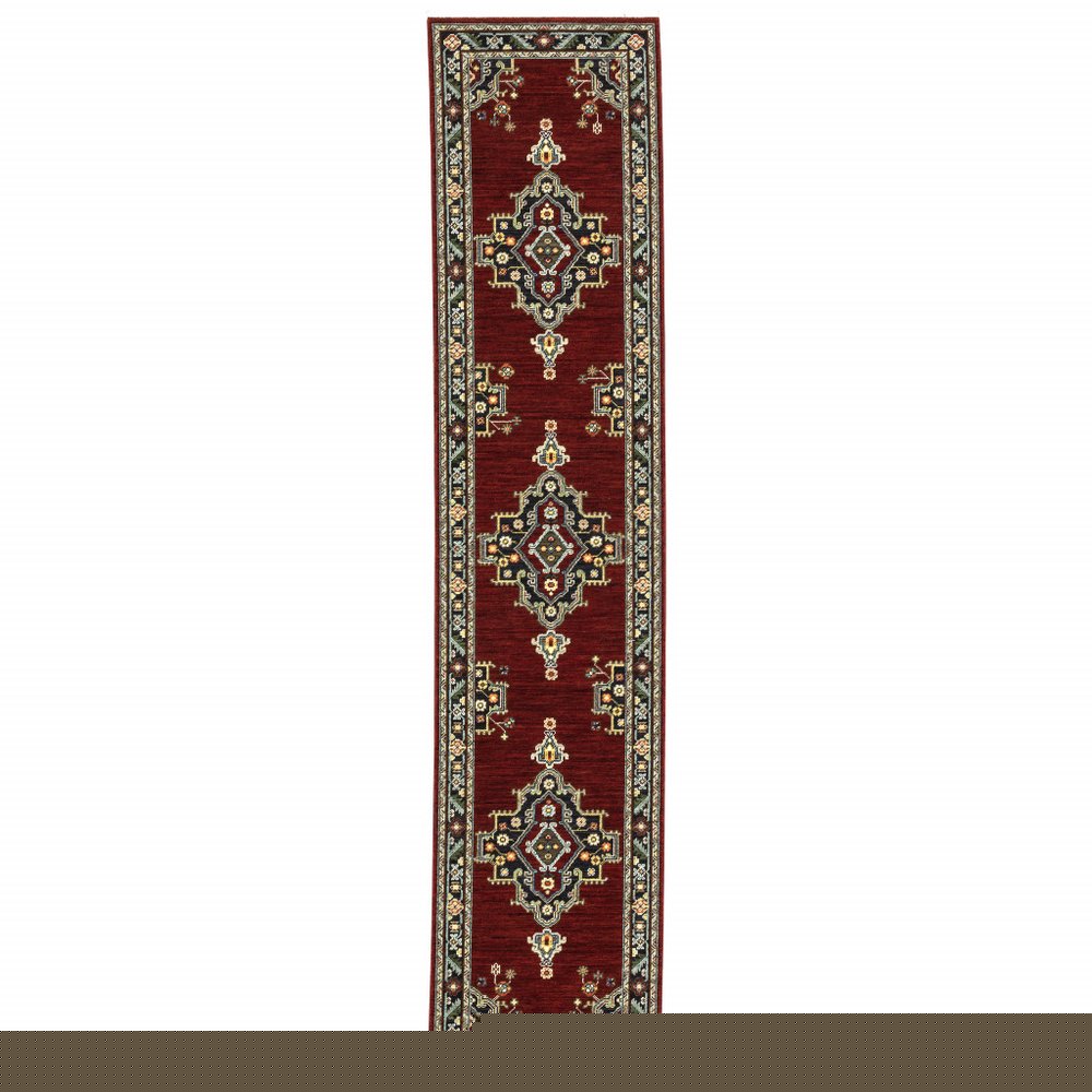 12' Red And Black Oriental Power Loom Runner Rug With Fringe