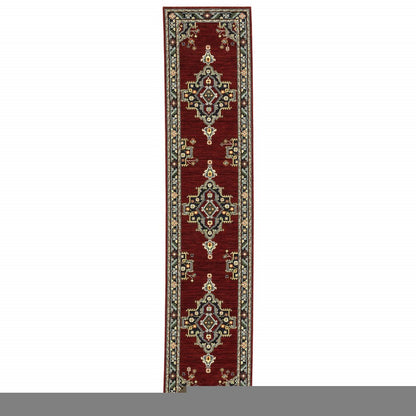 12' Red And Black Oriental Power Loom Runner Rug With Fringe
