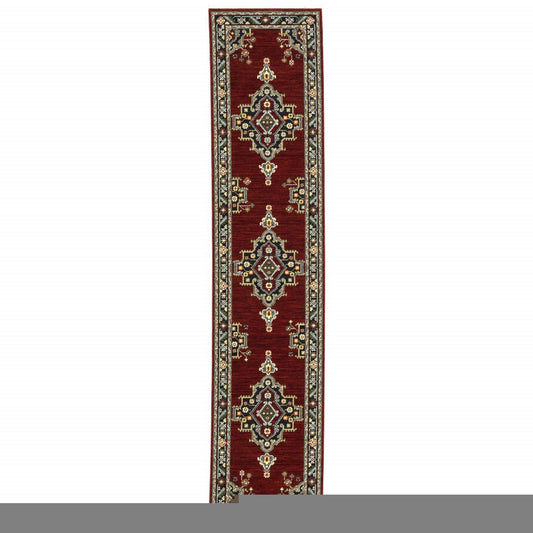 12' Red And Black Oriental Power Loom Runner Rug With Fringe