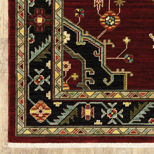 12' Red And Black Oriental Power Loom Runner Rug With Fringe