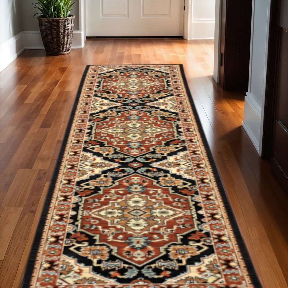 12' Red And Black Oriental Power Loom Runner Rug With Fringe