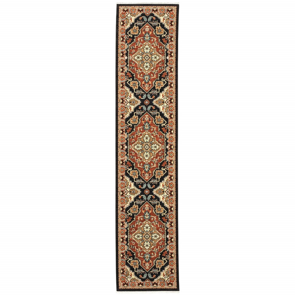 12' Red And Black Oriental Power Loom Runner Rug With Fringe