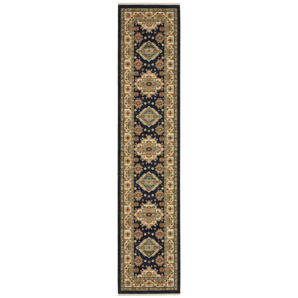 12' Blue and Orange Oriental Power Loom Runner Rug