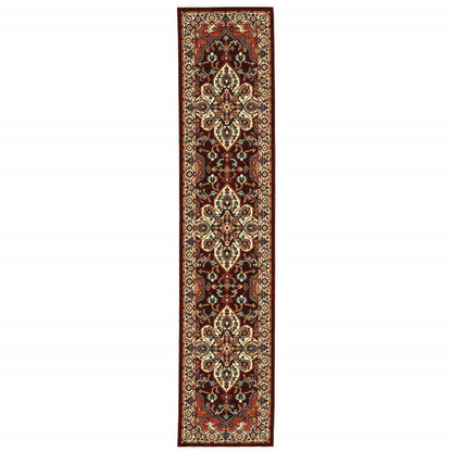 2' X 10' Red And Ivory Oriental Power Loom Runner Rug With Fringe