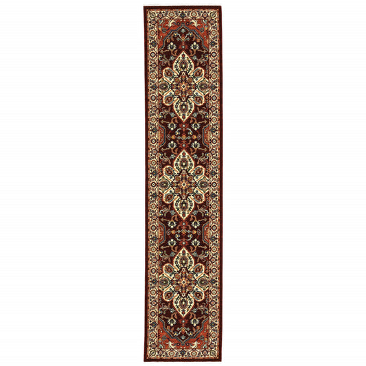 2' X 10' Red And Ivory Oriental Power Loom Runner Rug With Fringe