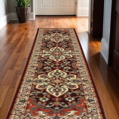 12' Red And Ivory Genuine Wool Oriental Runner Rug With Fringe