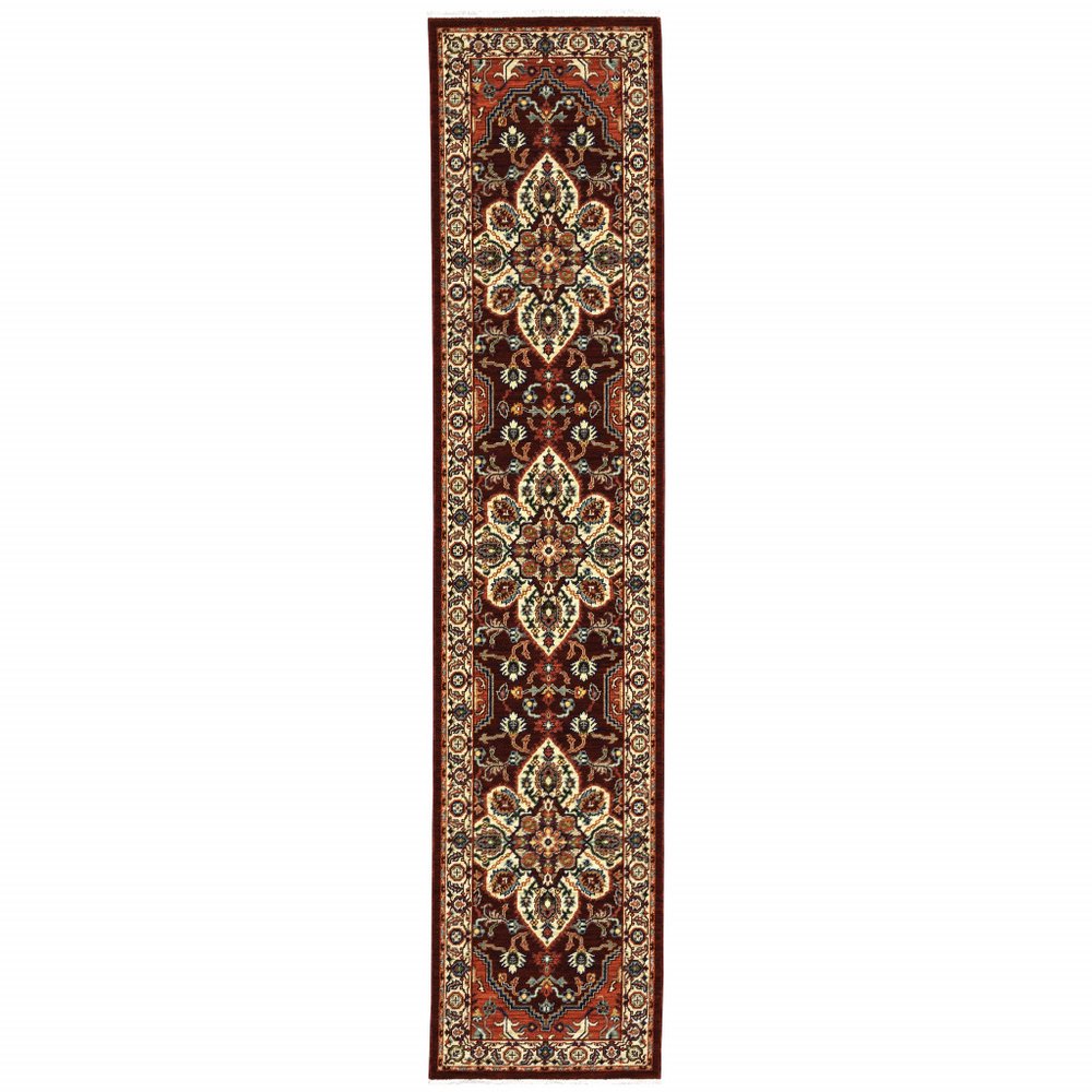 12' Red And Ivory Genuine Wool Oriental Runner Rug With Fringe