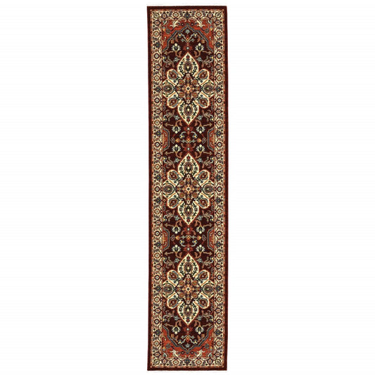 12' Red And Ivory Genuine Wool Oriental Runner Rug With Fringe