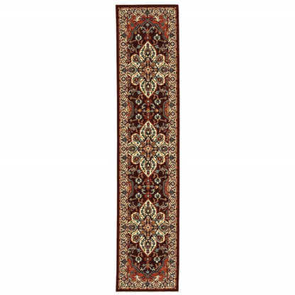 12' Red And Ivory Genuine Wool Oriental Runner Rug With Fringe