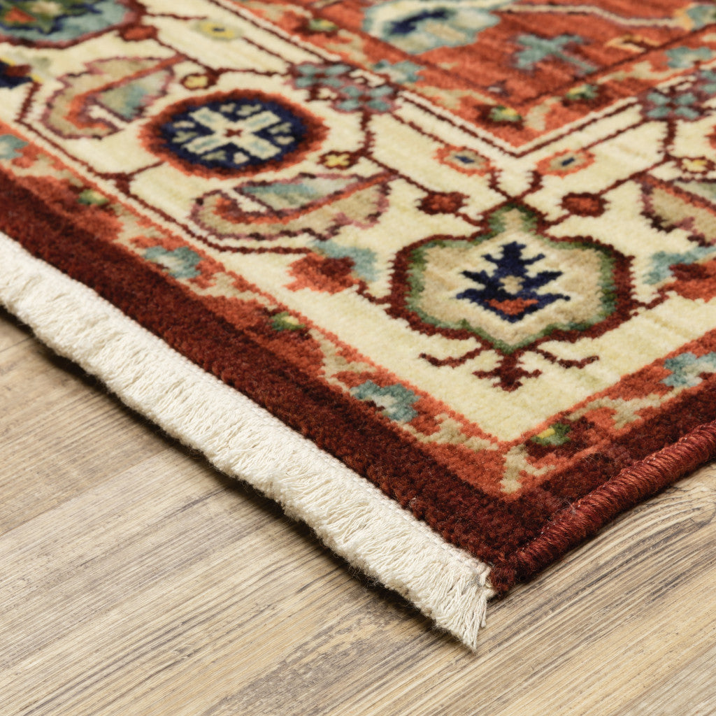 2' X 10' Red And Ivory Oriental Power Loom Runner Rug With Fringe