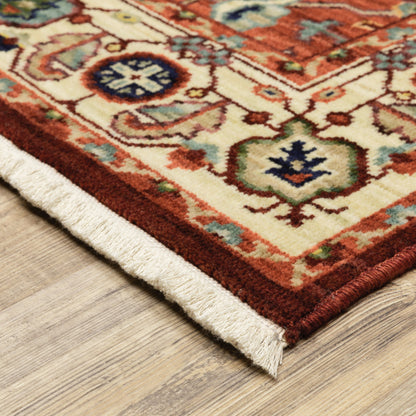 2' X 10' Red And Ivory Oriental Power Loom Runner Rug With Fringe