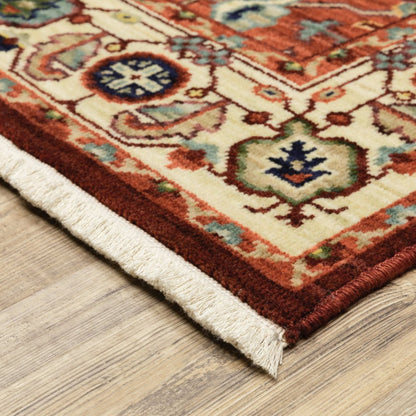 12' Red And Ivory Genuine Wool Oriental Runner Rug With Fringe