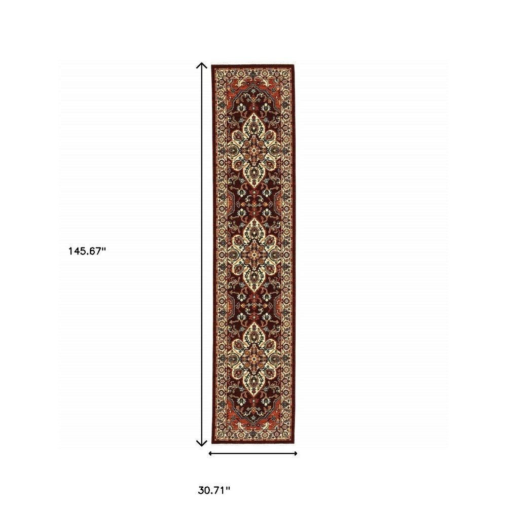12' Red And Ivory Genuine Wool Oriental Runner Rug With Fringe