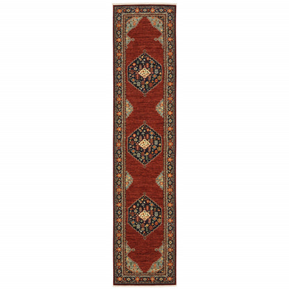 2' X 10' Red And Ivory Oriental Power Loom Runner Rug With Fringe