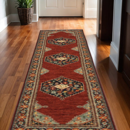 12' Red And Ivory Genuine Wool Oriental Runner Rug With Fringe