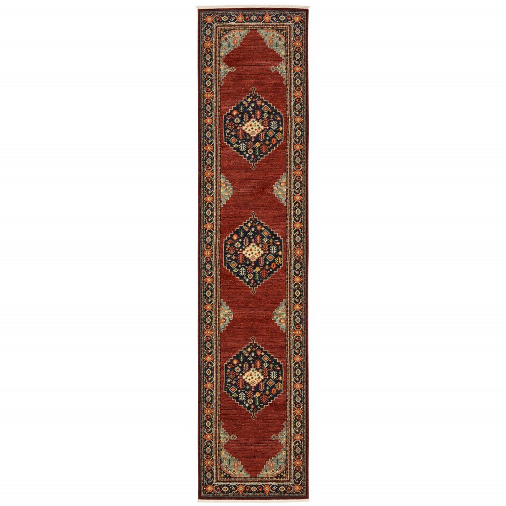 12' Red And Ivory Genuine Wool Oriental Runner Rug With Fringe