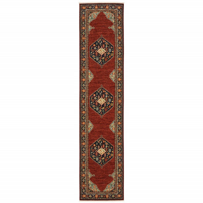 12' Red And Ivory Genuine Wool Oriental Runner Rug With Fringe