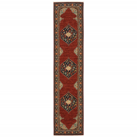 12' Red And Ivory Genuine Wool Oriental Runner Rug With Fringe