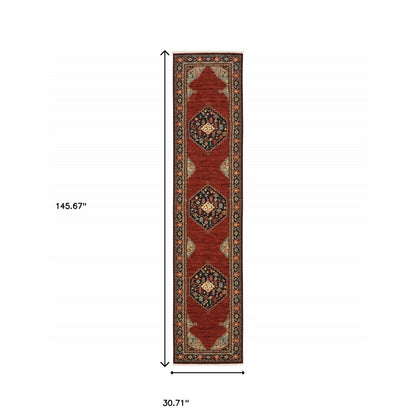 12' Red And Ivory Genuine Wool Oriental Runner Rug With Fringe