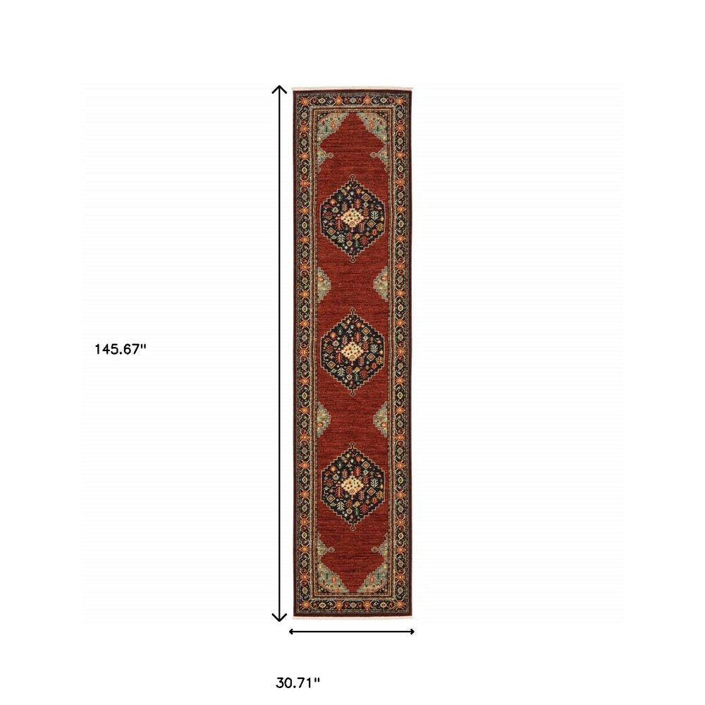 12' Red And Ivory Genuine Wool Oriental Runner Rug With Fringe