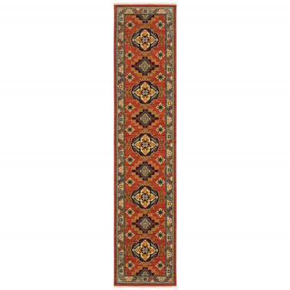 12' Red Gold Blue Brown Oriental Power Loom Runner Rug With Fringe