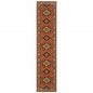 12' Red Gold Blue Brown Oriental Power Loom Runner Rug With Fringe