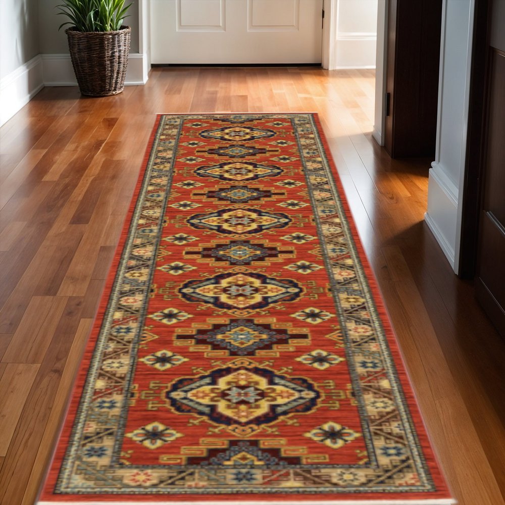 12' Red Gold Blue Brown Oriental Power Loom Runner Rug With Fringe