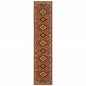 12' Red Gold Blue Brown Oriental Power Loom Runner Rug With Fringe