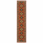 12' Red Gold Blue Brown Oriental Power Loom Runner Rug With Fringe
