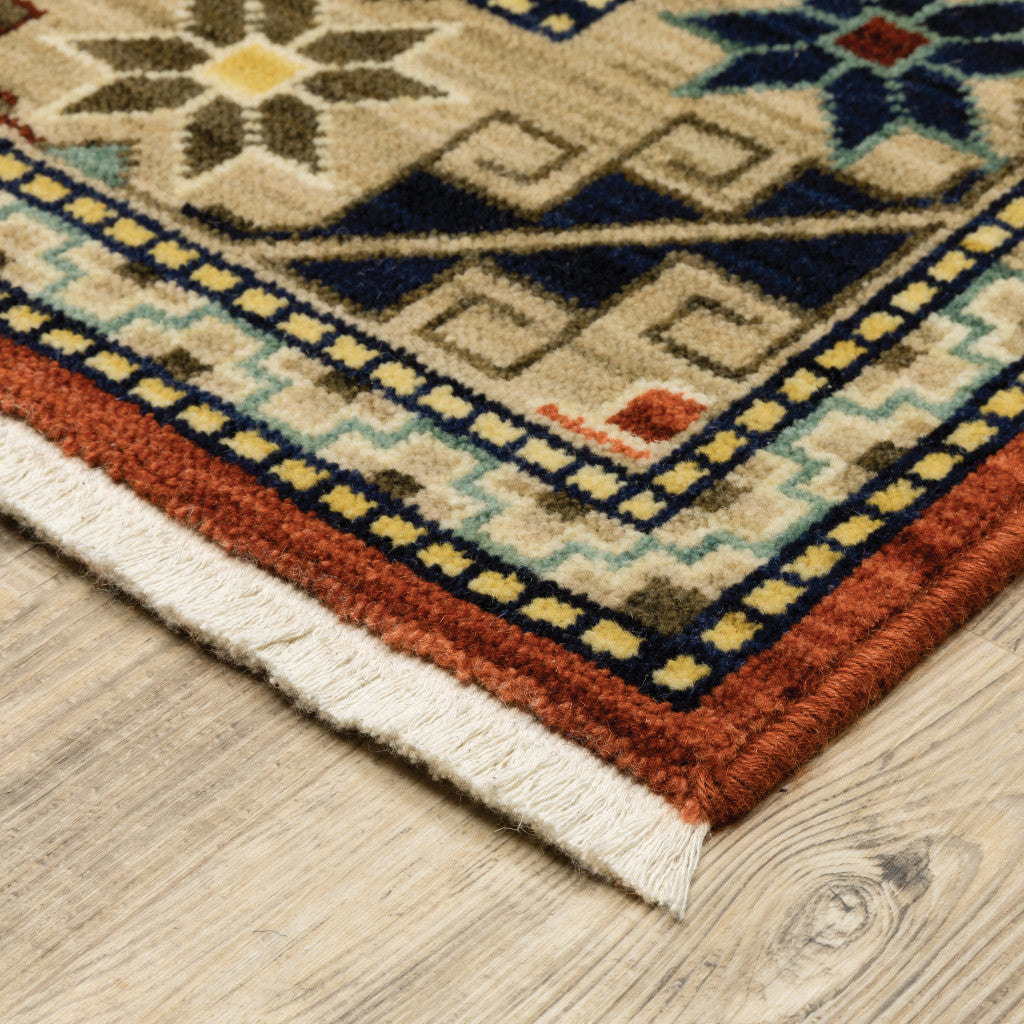 12' Red Gold Blue Brown Oriental Power Loom Runner Rug With Fringe