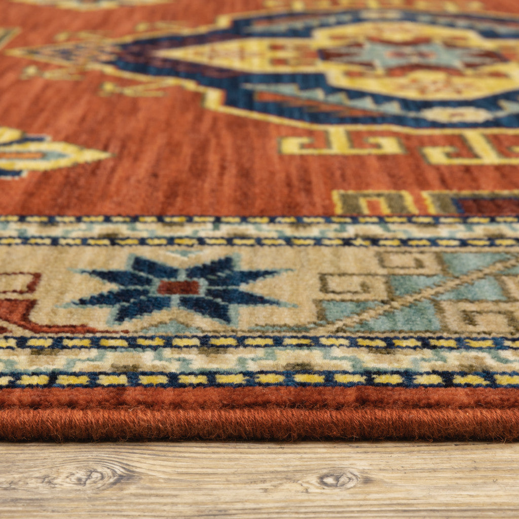 12' Red Gold Blue Brown Oriental Power Loom Runner Rug With Fringe