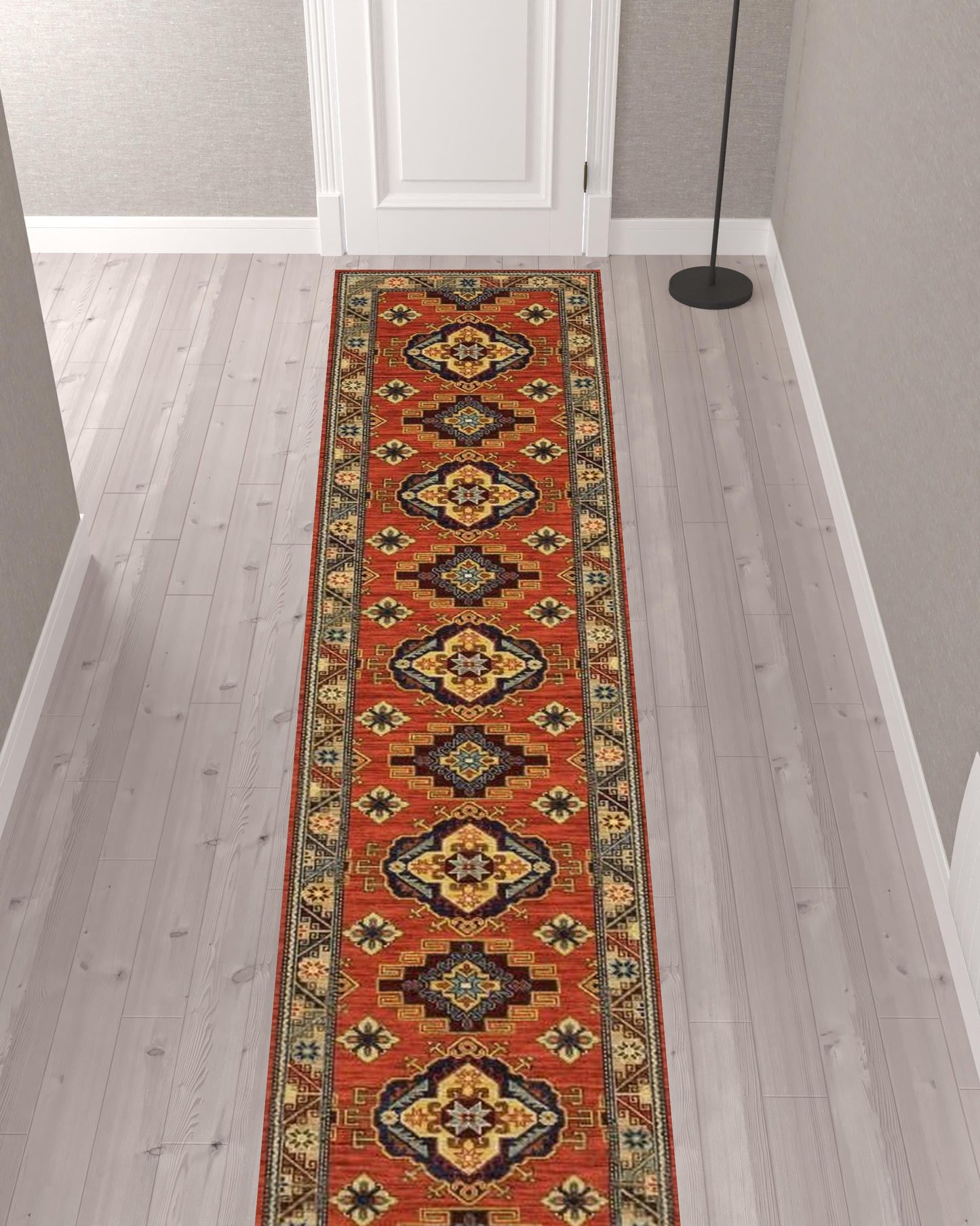 12' Red Gold Blue Brown Oriental Power Loom Runner Rug With Fringe