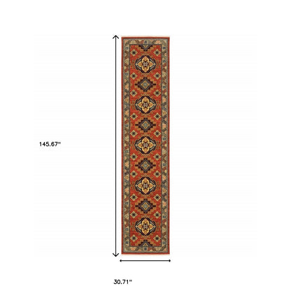 12' Red Gold Blue Brown Oriental Power Loom Runner Rug With Fringe