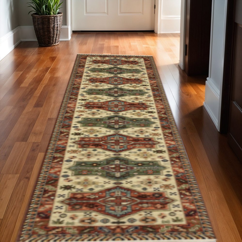 12' Red and Ivory Oriental Power Loom Runner Rug