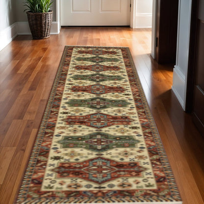 12' Red and Ivory Oriental Power Loom Runner Rug