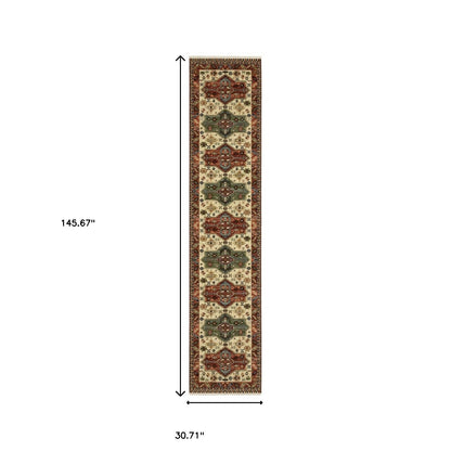 12' Red and Ivory Oriental Power Loom Runner Rug