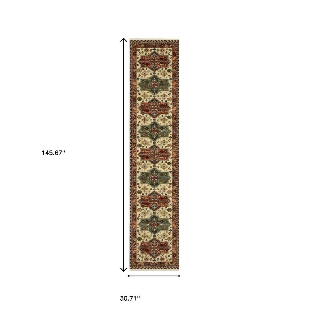 12' Red and Ivory Oriental Power Loom Runner Rug