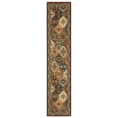 12' Red And Ivory Genuine Wool Oriental Runner Rug With Fringe