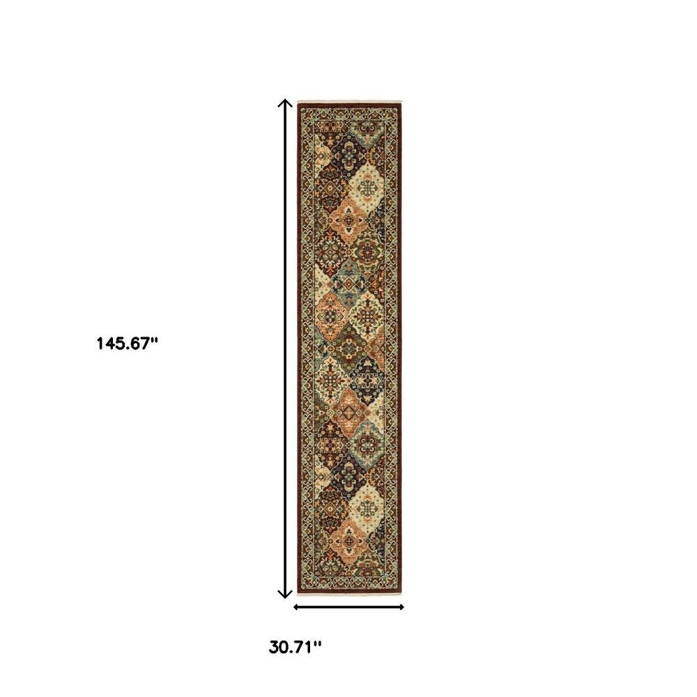 12' Red And Ivory Genuine Wool Oriental Runner Rug With Fringe